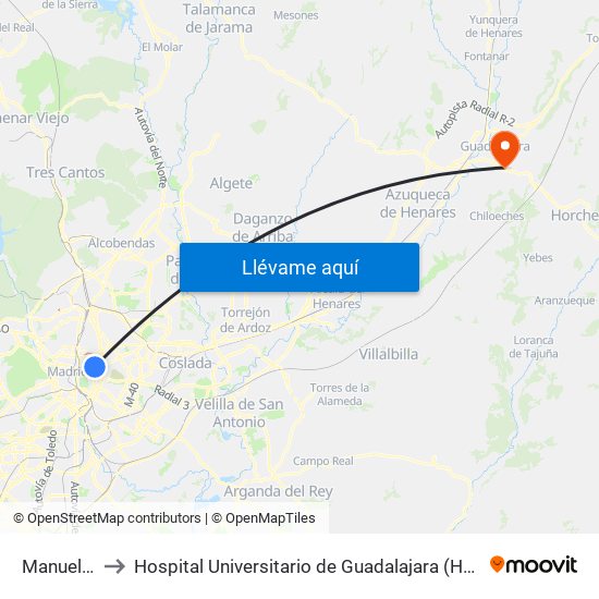 Manuel Becerra to Hospital Universitario de Guadalajara (Hosp. Universitario de Guadalajara) map