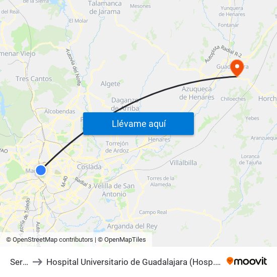 Serrano to Hospital Universitario de Guadalajara (Hosp. Universitario de Guadalajara) map