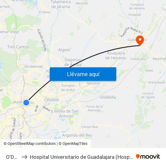 O'Donnell to Hospital Universitario de Guadalajara (Hosp. Universitario de Guadalajara) map