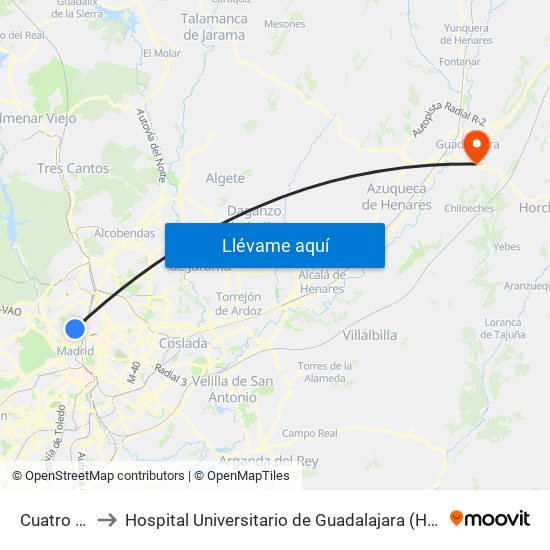 Cuatro Caminos to Hospital Universitario de Guadalajara (Hosp. Universitario de Guadalajara) map