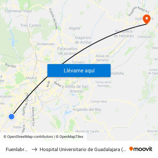 Fuenlabrada Central to Hospital Universitario de Guadalajara (Hosp. Universitario de Guadalajara) map
