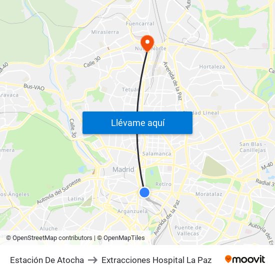 Estación De Atocha to Extracciones Hospital La Paz map