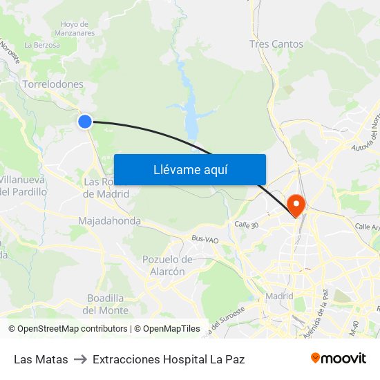 Las Matas to Extracciones Hospital La Paz map