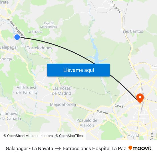 Galapagar - La Navata to Extracciones Hospital La Paz map
