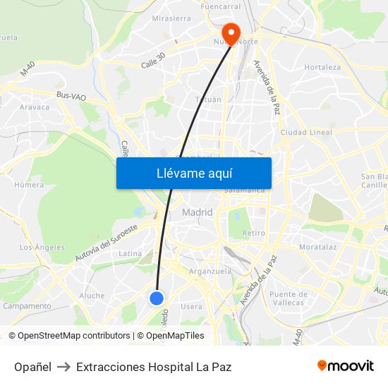 Opañel to Extracciones Hospital La Paz map
