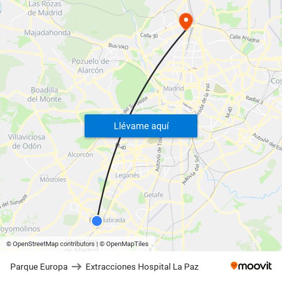 Parque Europa to Extracciones Hospital La Paz map