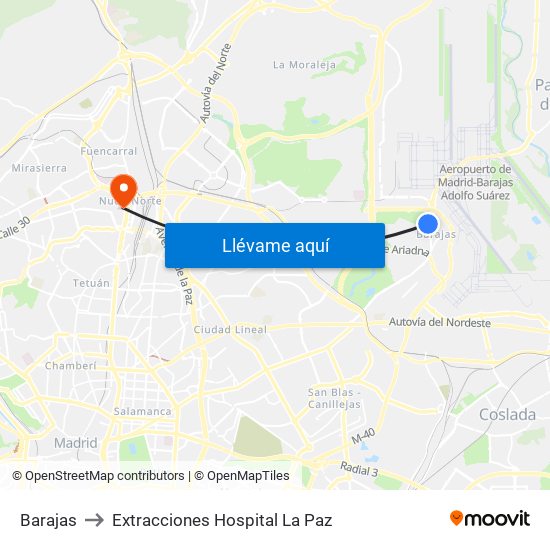 Barajas to Extracciones Hospital La Paz map