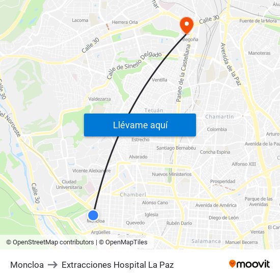 Moncloa to Extracciones Hospital La Paz map