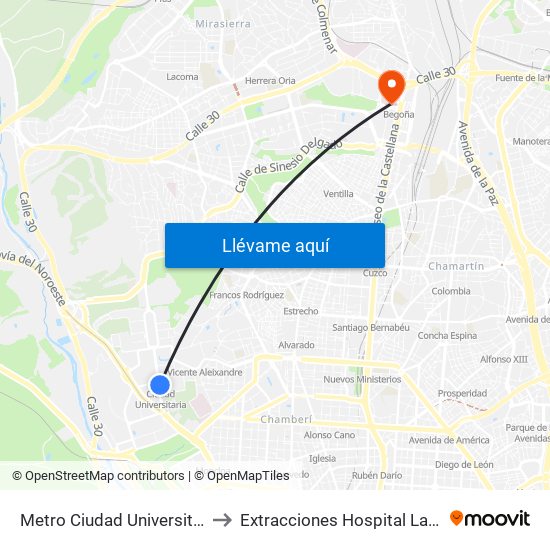 Metro Ciudad Universitaria to Extracciones Hospital La Paz map