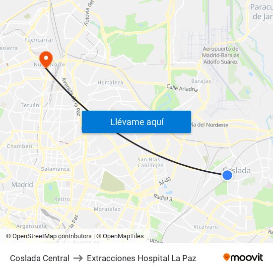 Coslada Central to Extracciones Hospital La Paz map