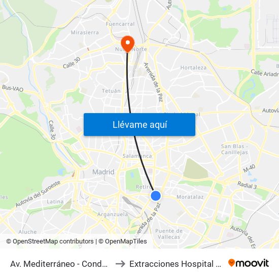 Av. Mediterráneo - Conde Casal to Extracciones Hospital La Paz map