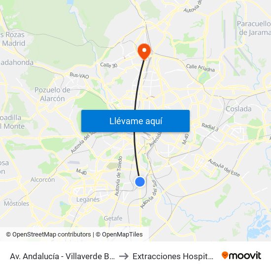 Av. Andalucía - Villaverde Bajo Cruce to Extracciones Hospital La Paz map