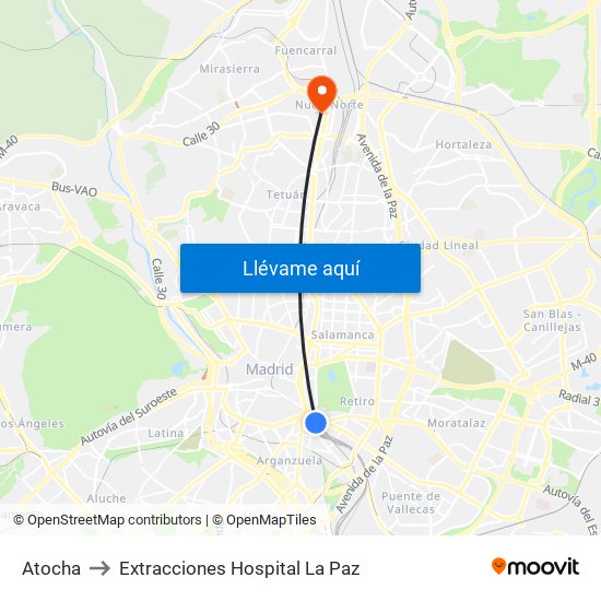 Atocha to Extracciones Hospital La Paz map