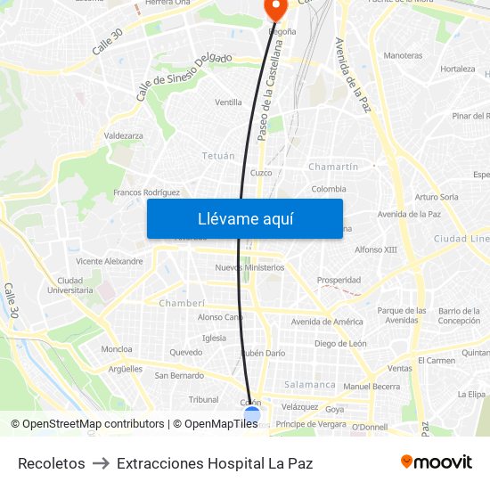 Recoletos to Extracciones Hospital La Paz map