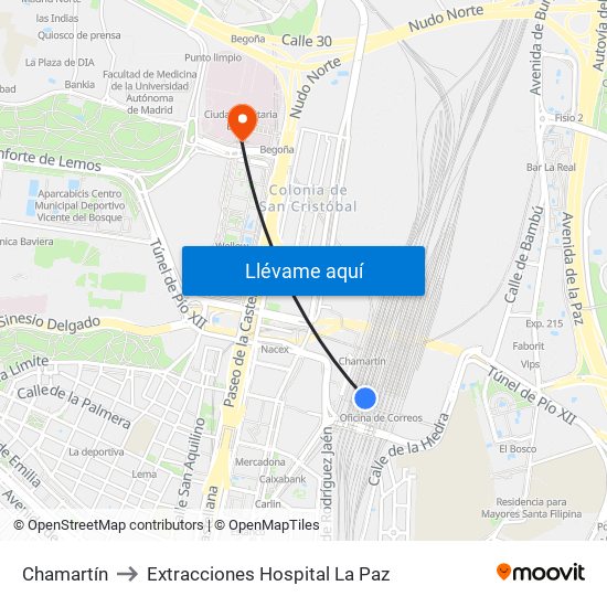 Chamartín to Extracciones Hospital La Paz map