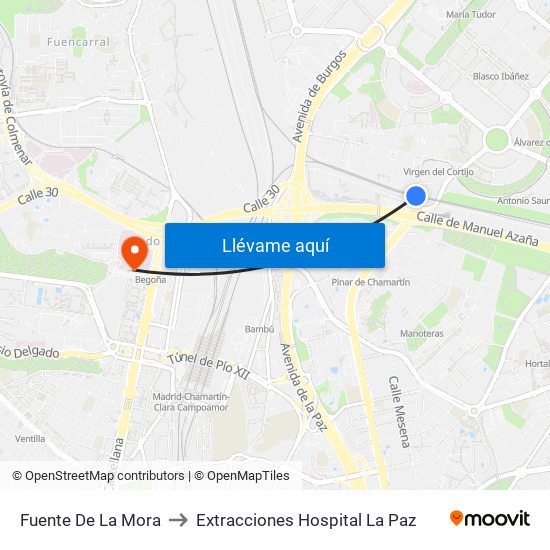 Fuente De La Mora to Extracciones Hospital La Paz map