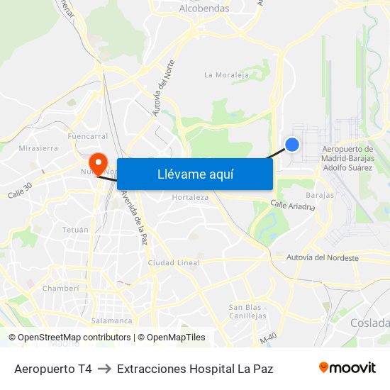 Aeropuerto T4 to Extracciones Hospital La Paz map