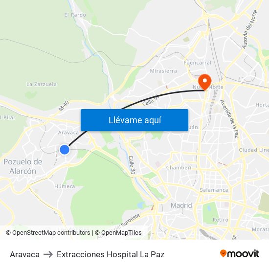 Aravaca to Extracciones Hospital La Paz map