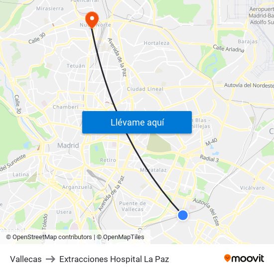 Vallecas to Extracciones Hospital La Paz map