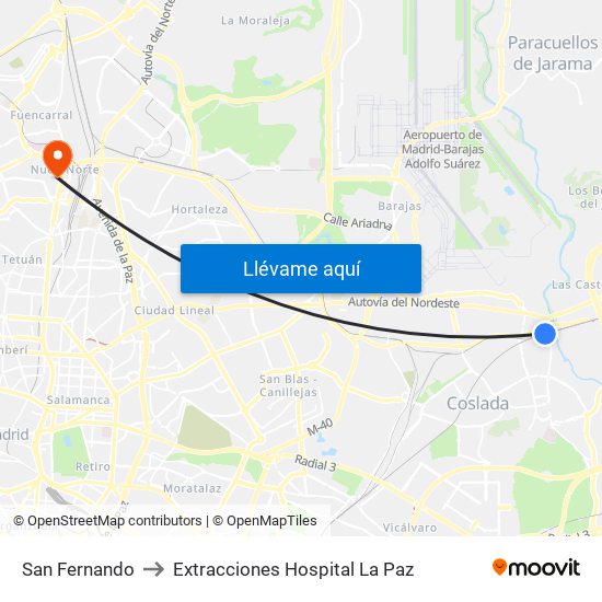 San Fernando to Extracciones Hospital La Paz map