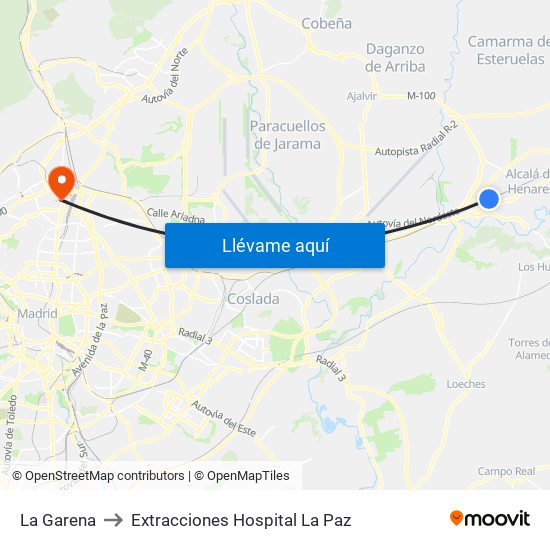 La Garena to Extracciones Hospital La Paz map