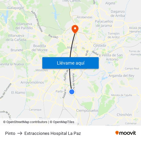 Pinto to Extracciones Hospital La Paz map