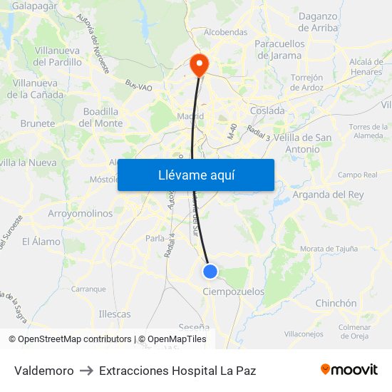 Valdemoro to Extracciones Hospital La Paz map