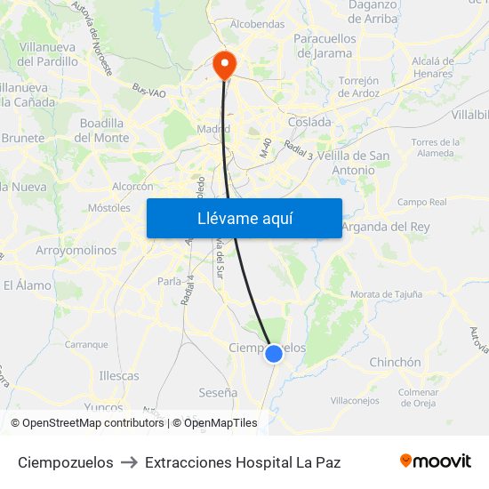 Ciempozuelos to Extracciones Hospital La Paz map