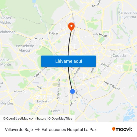 Villaverde Bajo to Extracciones Hospital La Paz map