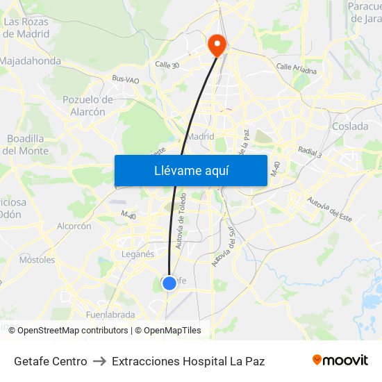 Getafe Centro to Extracciones Hospital La Paz map