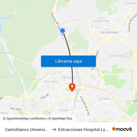Cantoblanco Universidad to Extracciones Hospital La Paz map