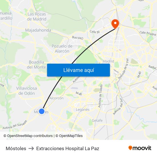 Móstoles to Extracciones Hospital La Paz map