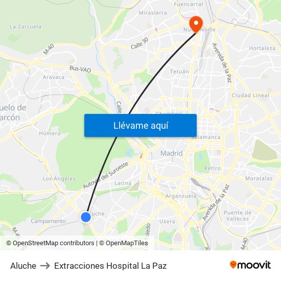 Aluche to Extracciones Hospital La Paz map