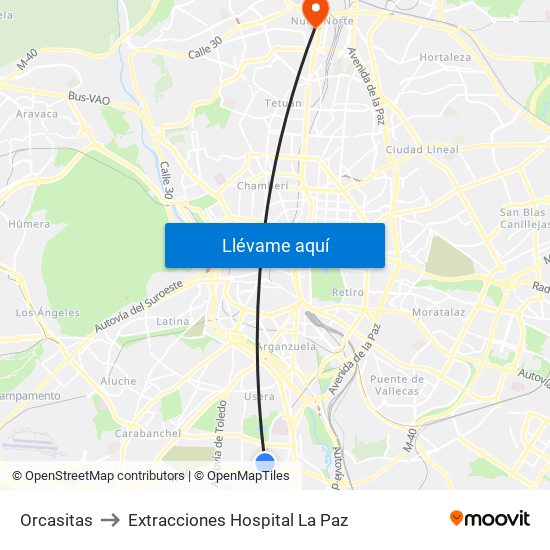 Orcasitas to Extracciones Hospital La Paz map