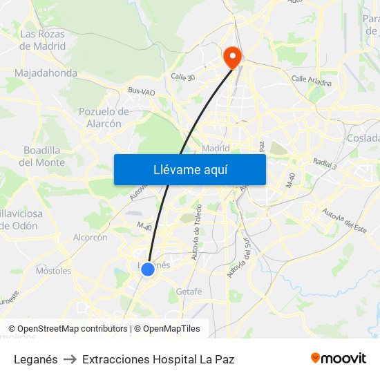 Leganés to Extracciones Hospital La Paz map
