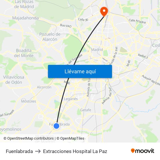 Fuenlabrada to Extracciones Hospital La Paz map