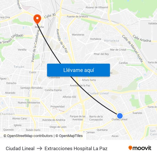 Ciudad Lineal to Extracciones Hospital La Paz map