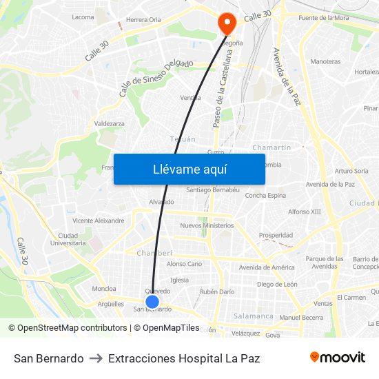 San Bernardo to Extracciones Hospital La Paz map