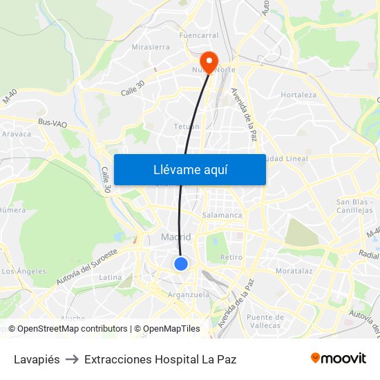 Lavapiés to Extracciones Hospital La Paz map