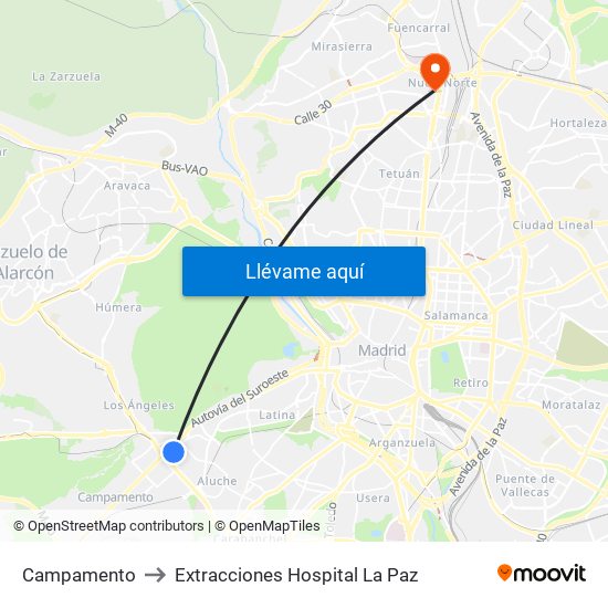 Campamento to Extracciones Hospital La Paz map