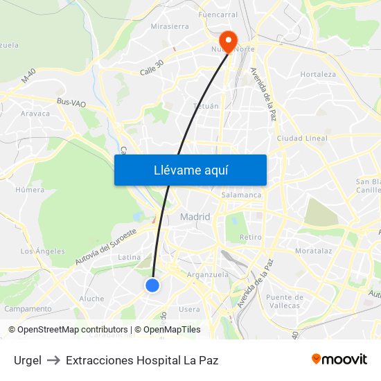 Urgel to Extracciones Hospital La Paz map