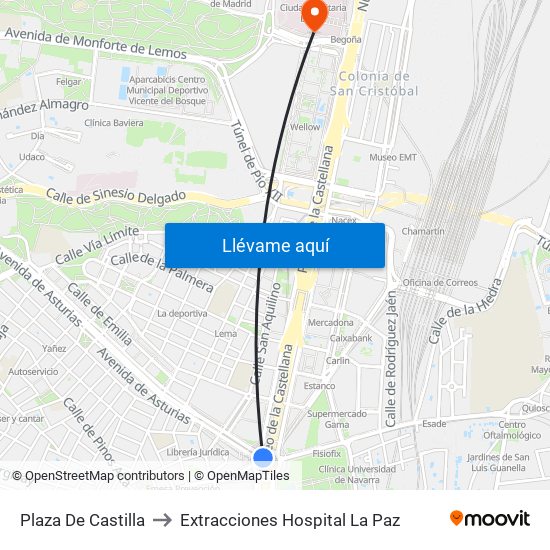 Plaza De Castilla to Extracciones Hospital La Paz map