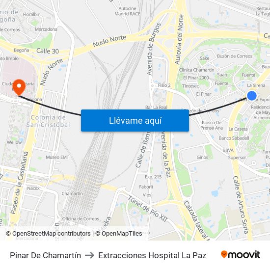 Pinar De Chamartín to Extracciones Hospital La Paz map