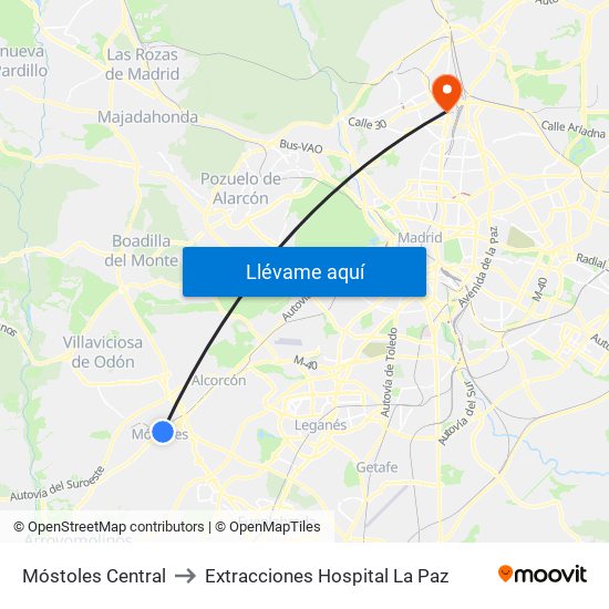 Móstoles Central to Extracciones Hospital La Paz map