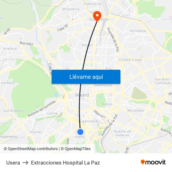 Usera to Extracciones Hospital La Paz map