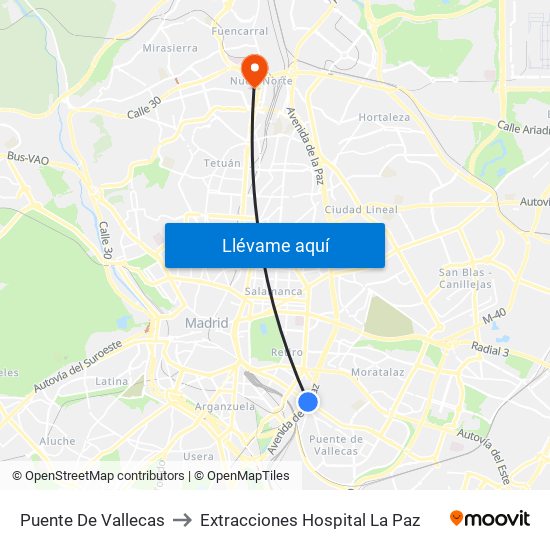 Puente De Vallecas to Extracciones Hospital La Paz map