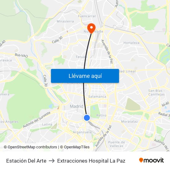 Estación Del Arte to Extracciones Hospital La Paz map