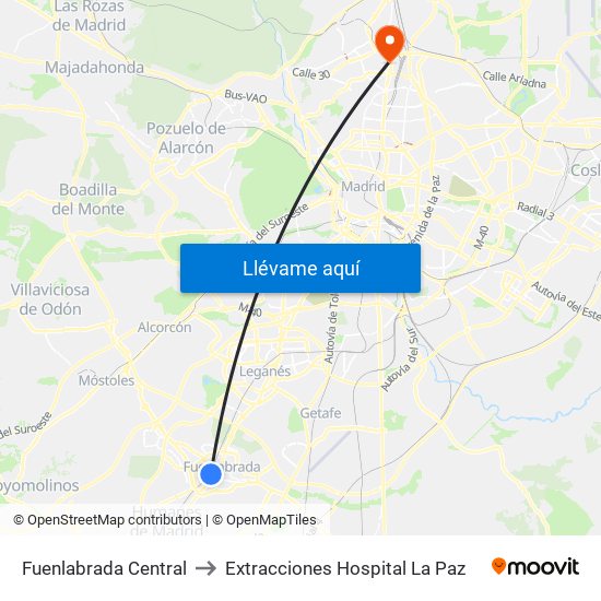 Fuenlabrada Central to Extracciones Hospital La Paz map
