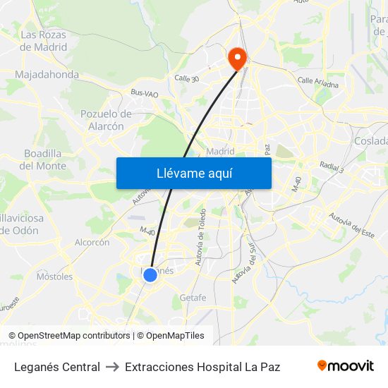Leganés Central to Extracciones Hospital La Paz map