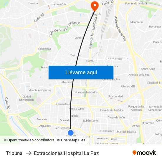 Tribunal to Extracciones Hospital La Paz map